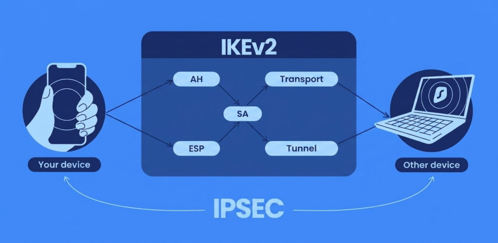 A diagram of IKEv2 and IPSEC connection between a smartphone and a laptop, showing components like AH, ESP, SA, Transport, and Tunnel modes.